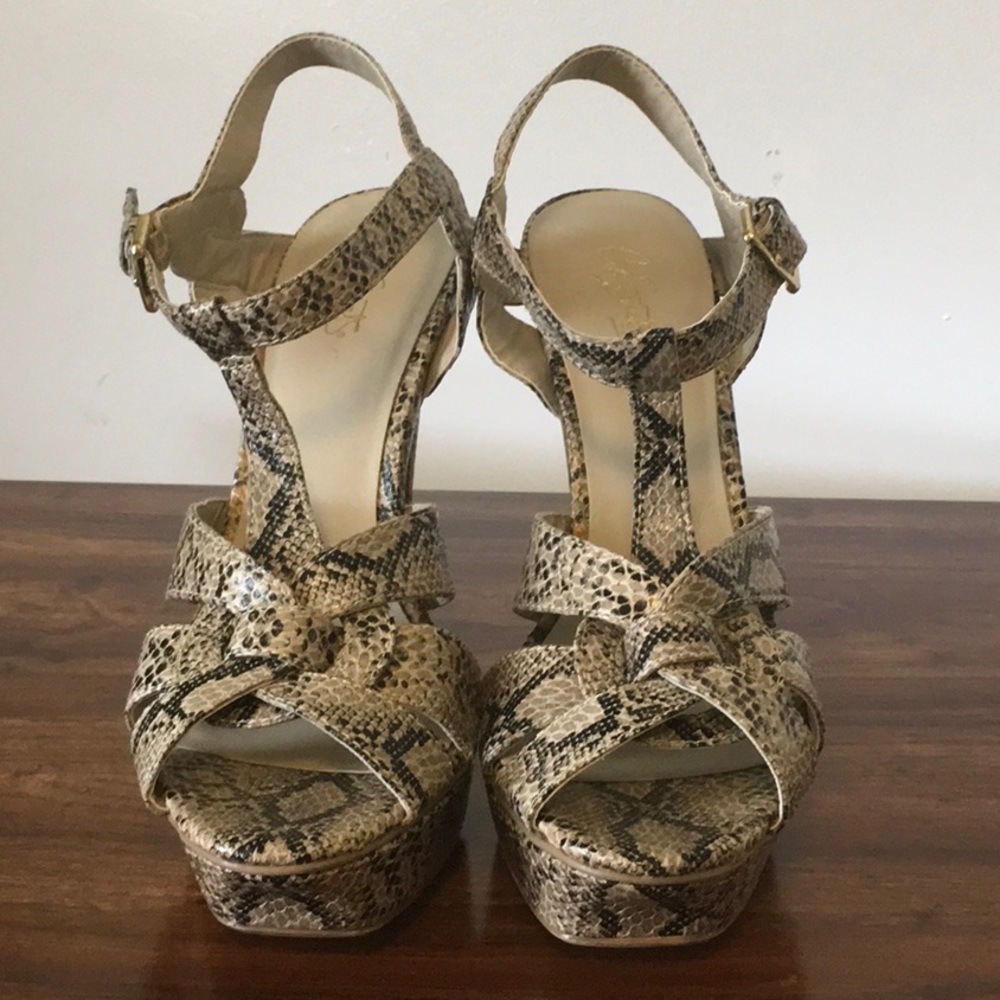 5 inch heels with faux snake skin design open toe